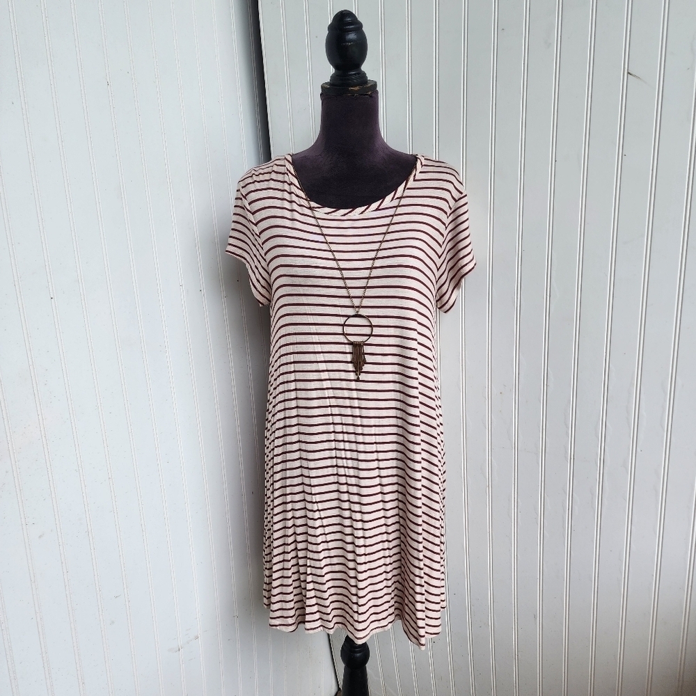 Pinc Women's Casual Dress Striped Burgundy Tan Short Sleeve Stretch Jewelry XL